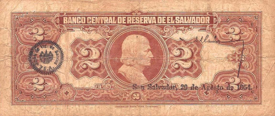 Back of El Salvador p76a: 2 Colones from 1934