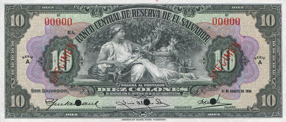 Front of El Salvador p78s: 10 Colones from 1934