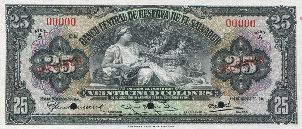 Front of El Salvador p79s: 25 Colones from 1934