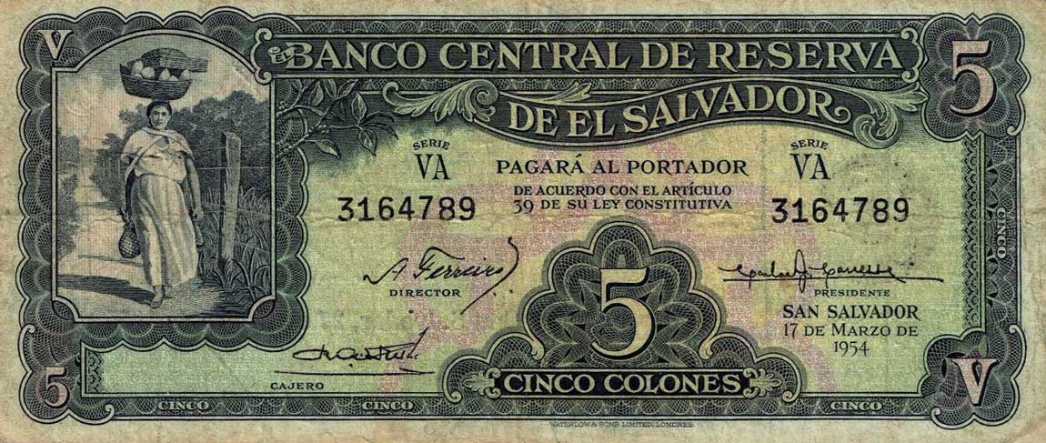 Front of El Salvador p82a: 5 Colones from 1938
