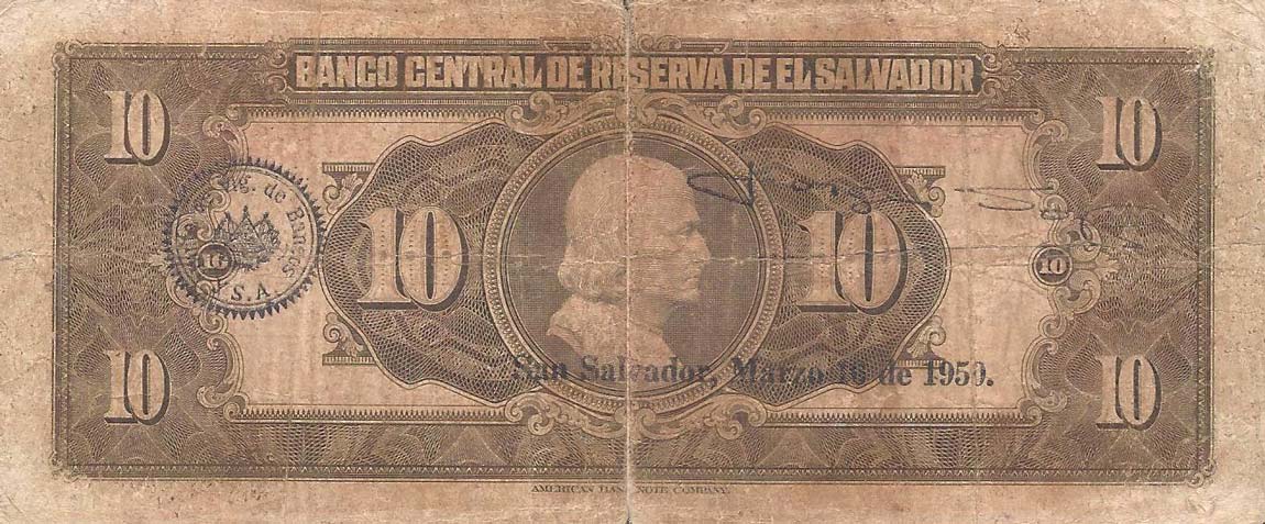 Back of El Salvador p85a: 10 Colones from 1943