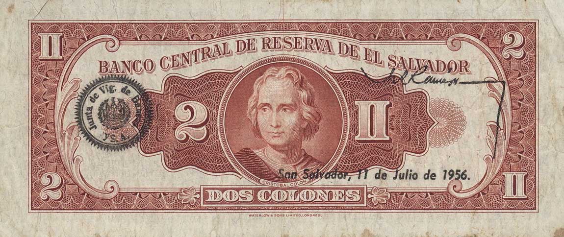 Back of El Salvador p91a: 2 Colones from 1955