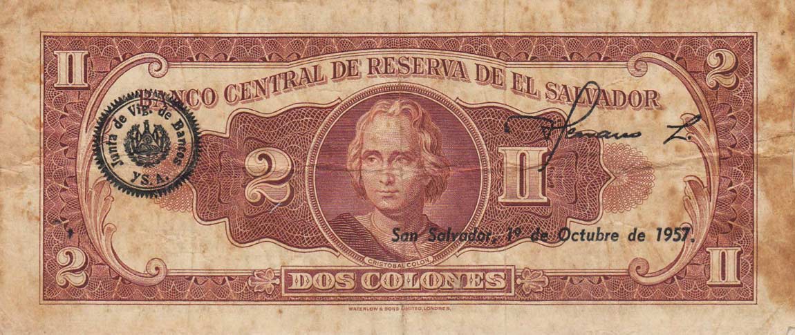 Back of El Salvador p91b: 2 Colones from 1958