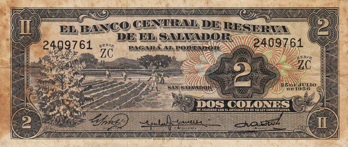 Front of El Salvador p91b: 2 Colones from 1958