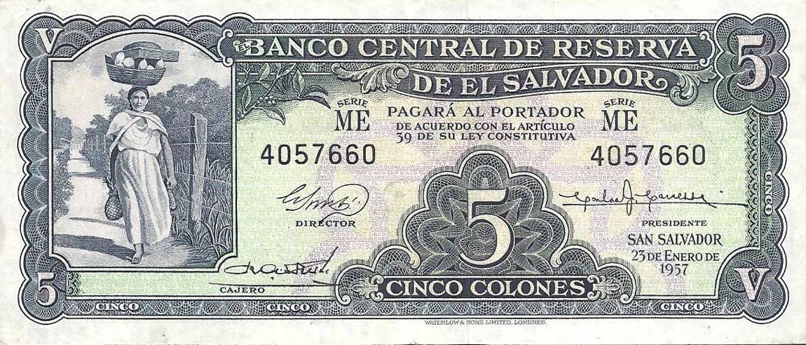 Front of El Salvador p92a: 5 Colones from 1955