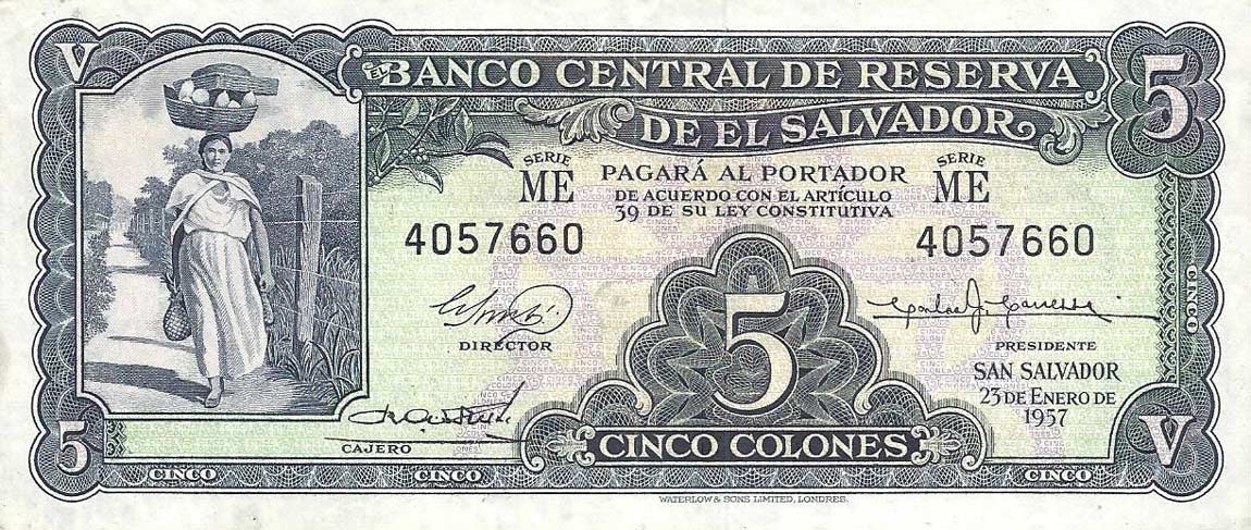 Front of El Salvador p92b: 5 Colones from 1957