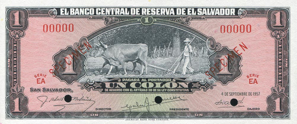 Front of El Salvador p93s: 1 Colon from 1957