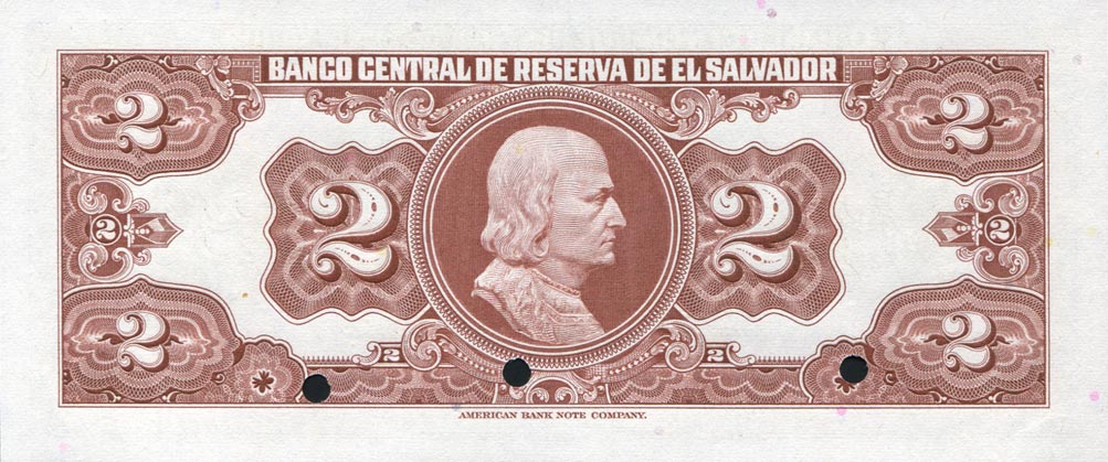 Back of El Salvador p94s: 2 Colones from 1960