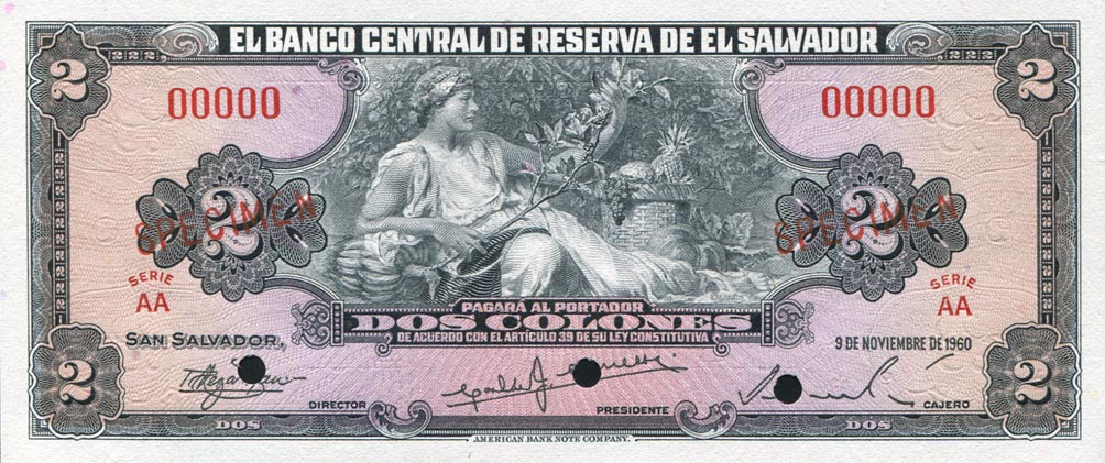 Front of El Salvador p94s: 2 Colones from 1960