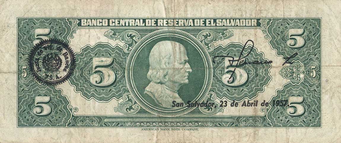 Back of El Salvador p95a: 5 Colones from 1956