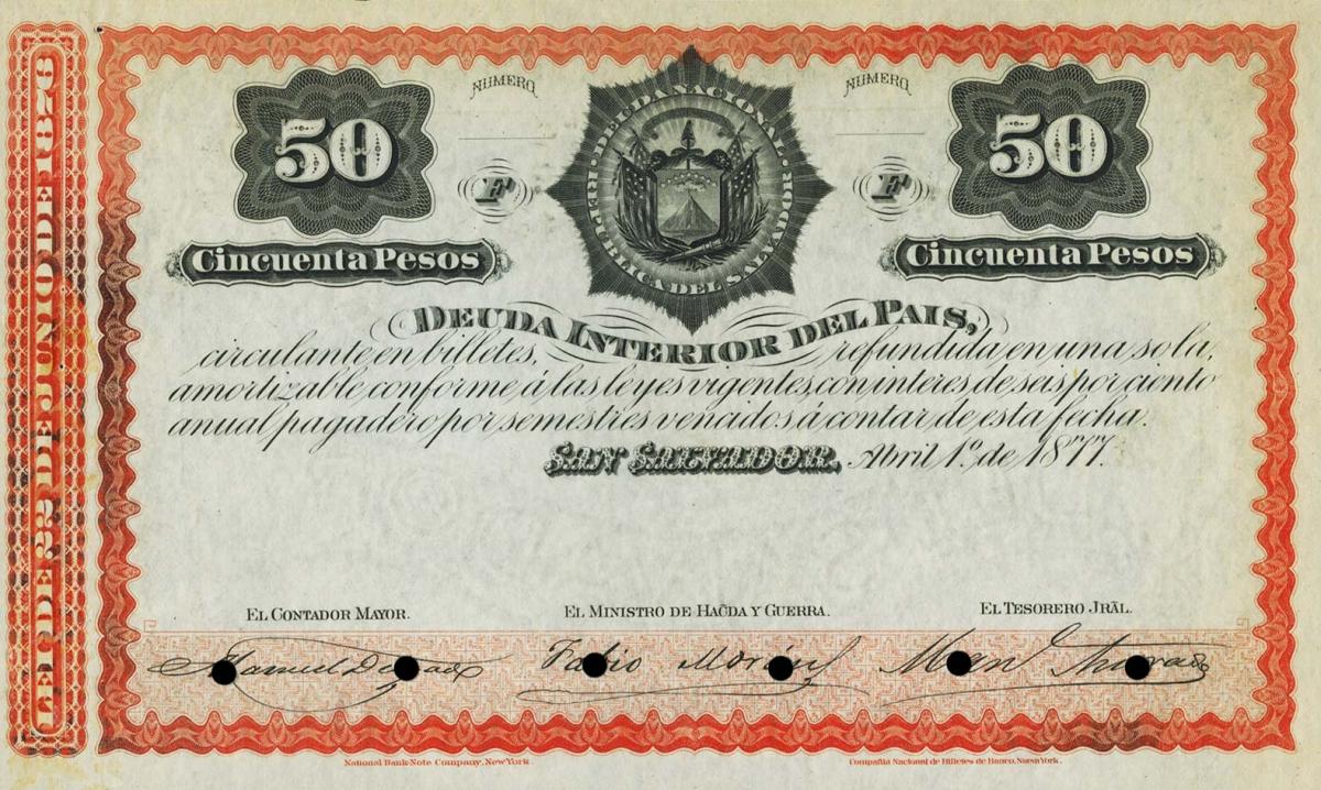 Front of El Salvador p14s: 50 Pesos from 1877