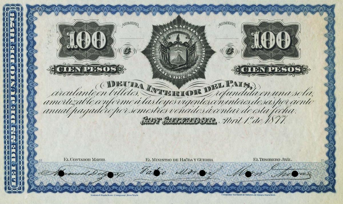 Front of El Salvador p15: 100 Pesos from 1877