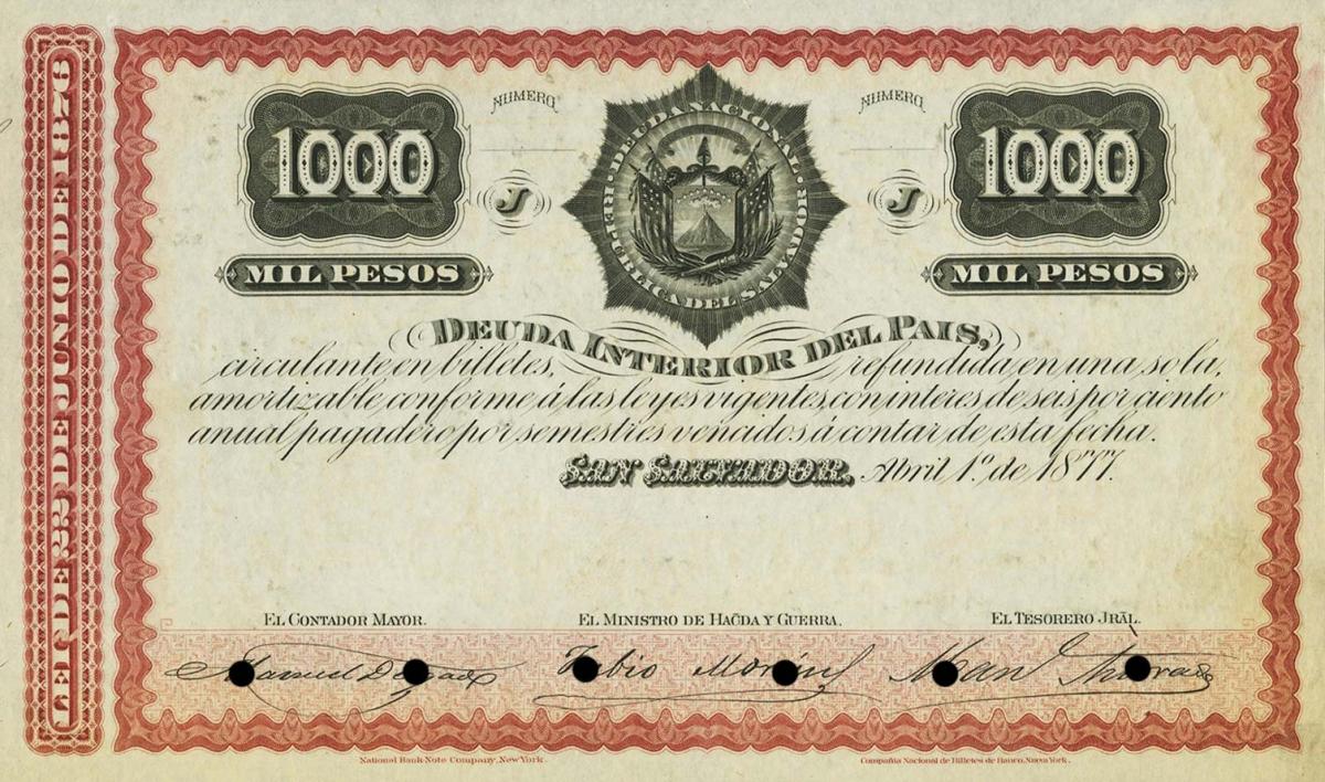 Front of El Salvador p18: 1000 Pesos from 1877