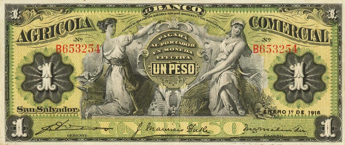 Front of El Salvador pS101b: 1 Peso from 1914