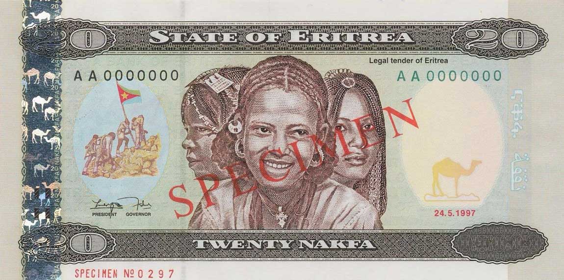 Front of Eritrea p4s: 20 Nakfa from 1997