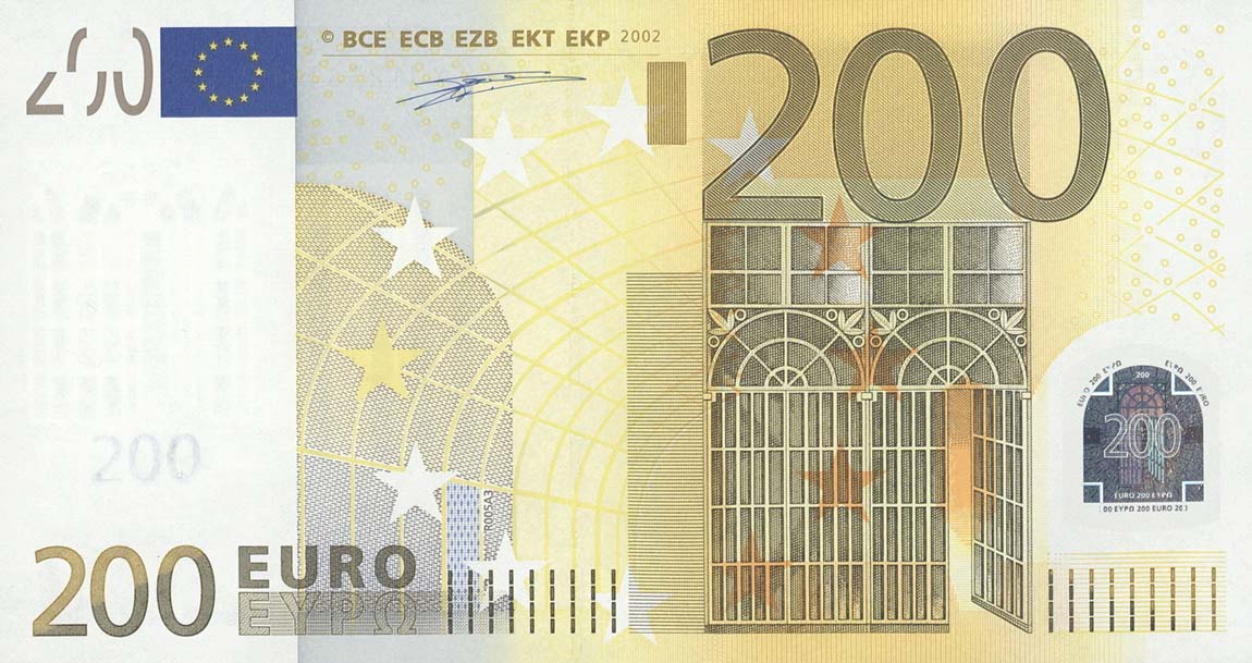 Front of European Union p6x: 200 Euro from 2002