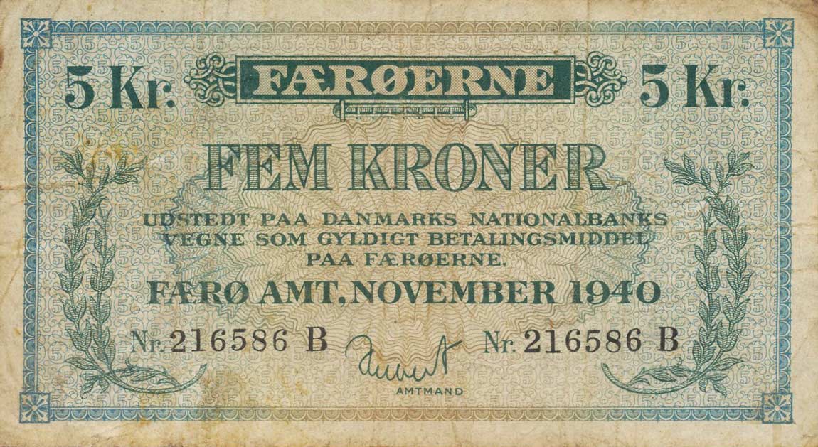 Front of Faeroe Islands p10a: 5 Kronur from 1940