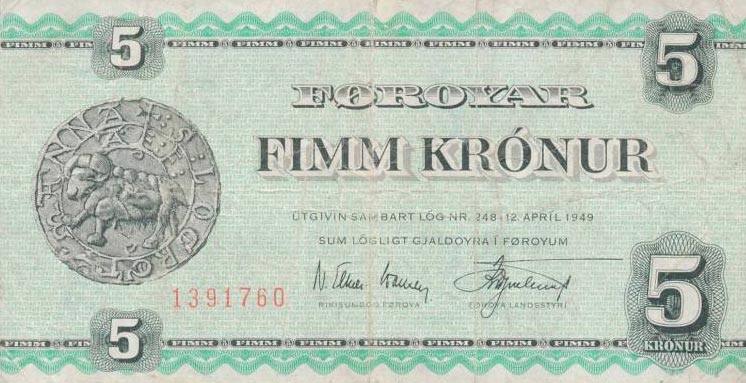 Front of Faeroe Islands p14b: 5 Kronur from 1949
