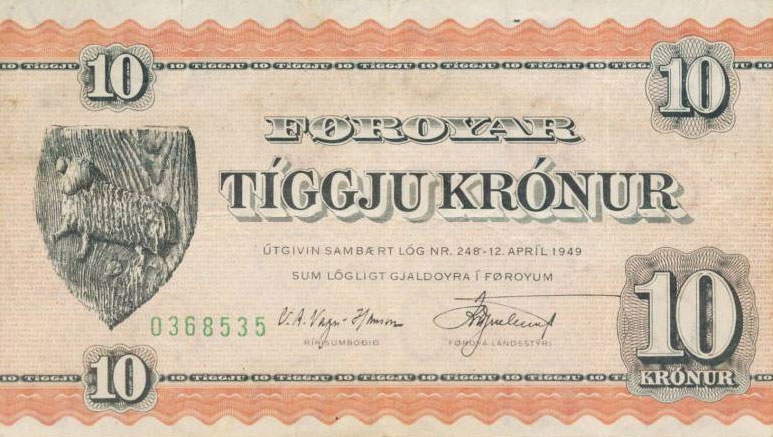 Front of Faeroe Islands p15a: 10 Kronur from 1949