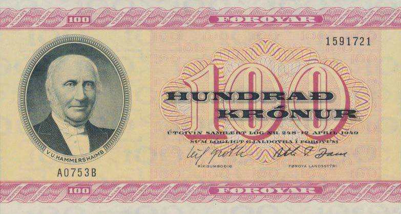 Front of Faeroe Islands p17a: 100 Kronur from 1975