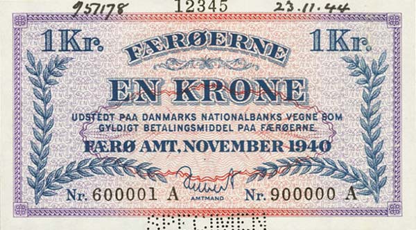 Front of Faeroe Islands p9s: 1 Kroner from 1940