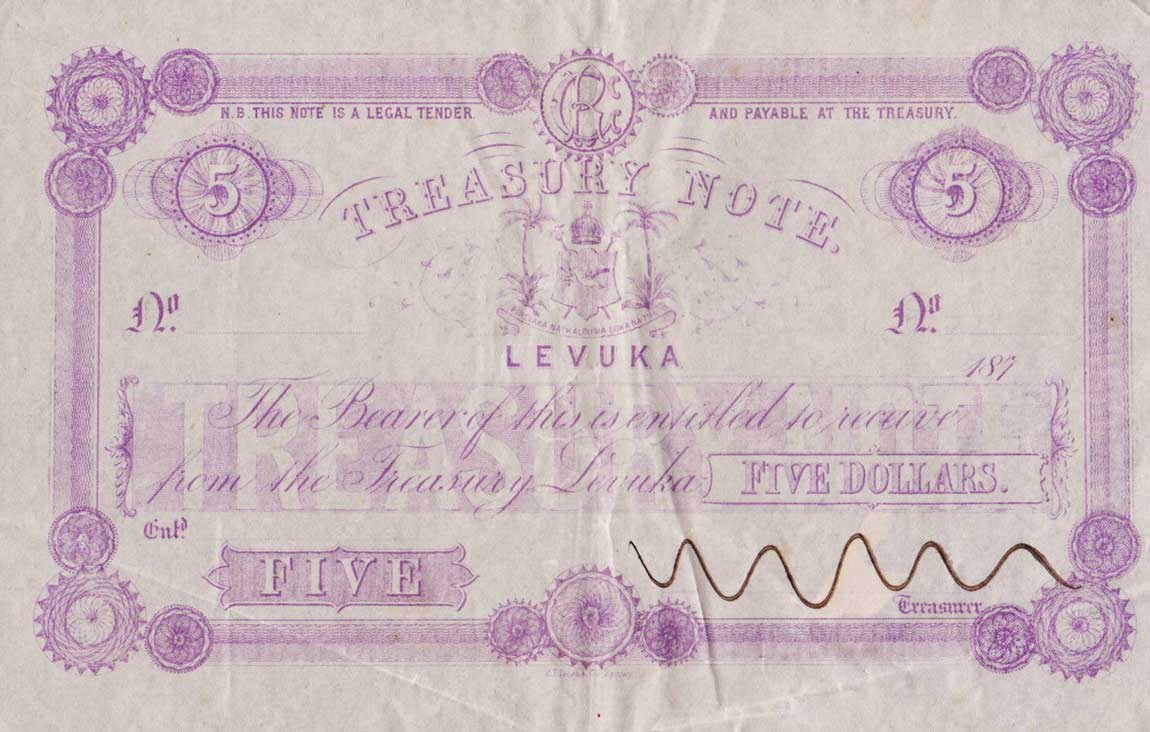 Front of Fiji p15r: 5 Dollars from 1872