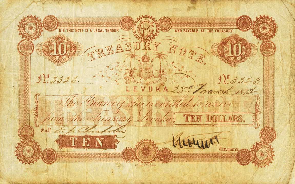 Front of Fiji p16a: 10 Dollars from 1872
