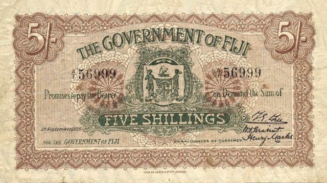 Front of Fiji p25c: 5 Shillings from 1920