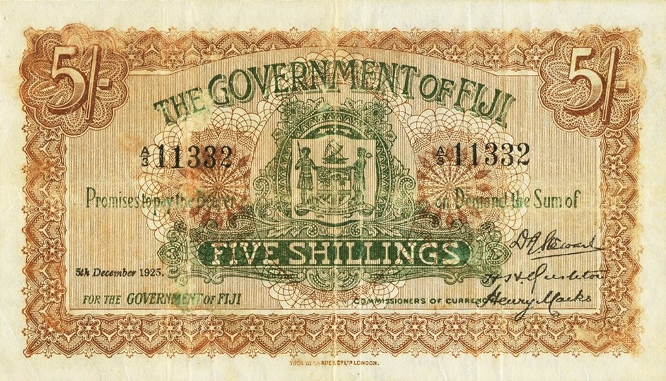 Front of Fiji p25f: 5 Shillings from 1925
