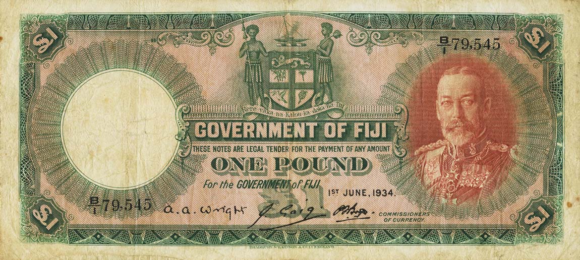 Front of Fiji p33b: 1 Pound from 1934