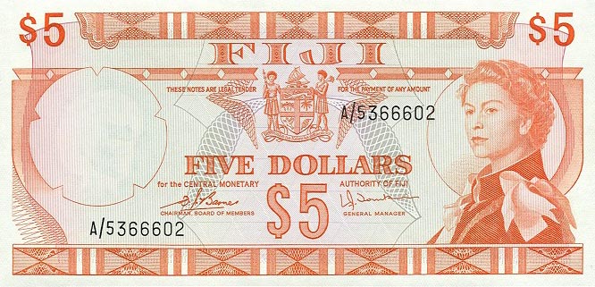 Front of Fiji p73c: 5 Dollars from 1974