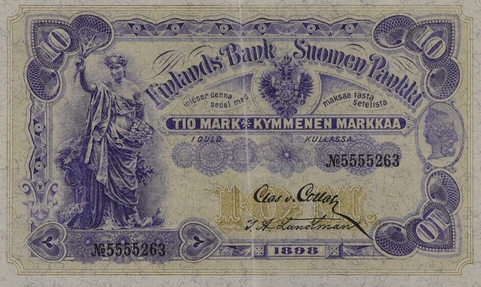 Front of Finland p3c: 10 Markkaa from 1898