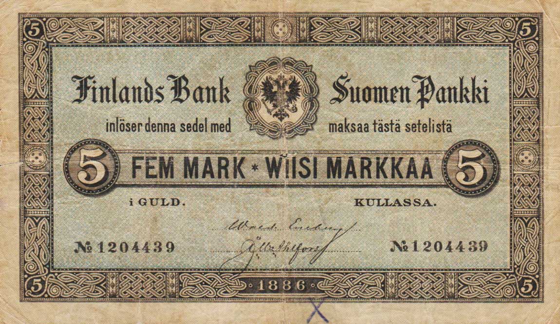 Front of Finland pA50a: 5 Markkaa from 1886