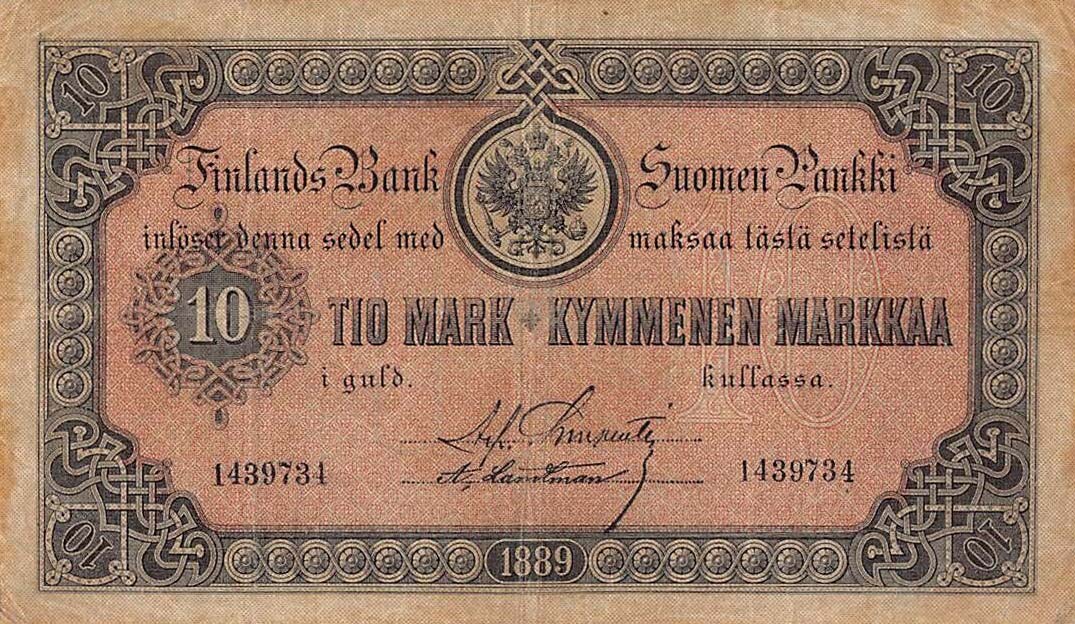 Front of Finland pA51: 10 Markkaa from 1889