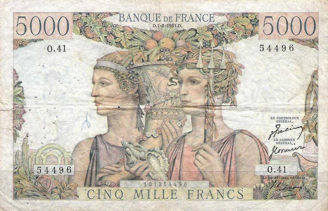 Front of France p131b: 5000 Francs from 1951