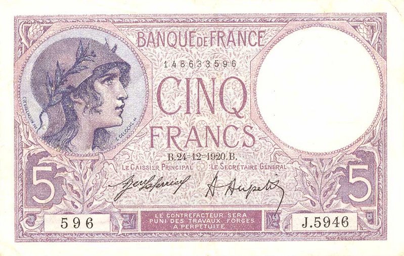 Front of France p72b: 5 Francs from 1920