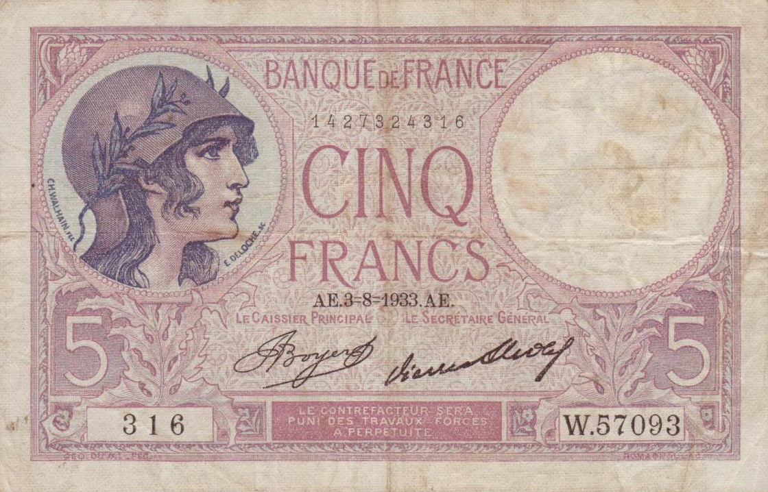 Front of France p72e: 5 Francs from 1933