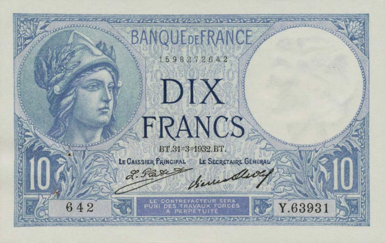 Front of France p73d: 10 Francs from 1926