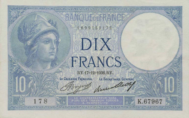 Front of France p73e: 10 Francs from 1936