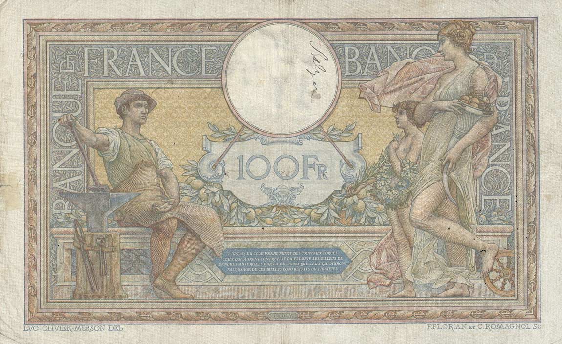 Back of France p78a: 100 Francs from 1923