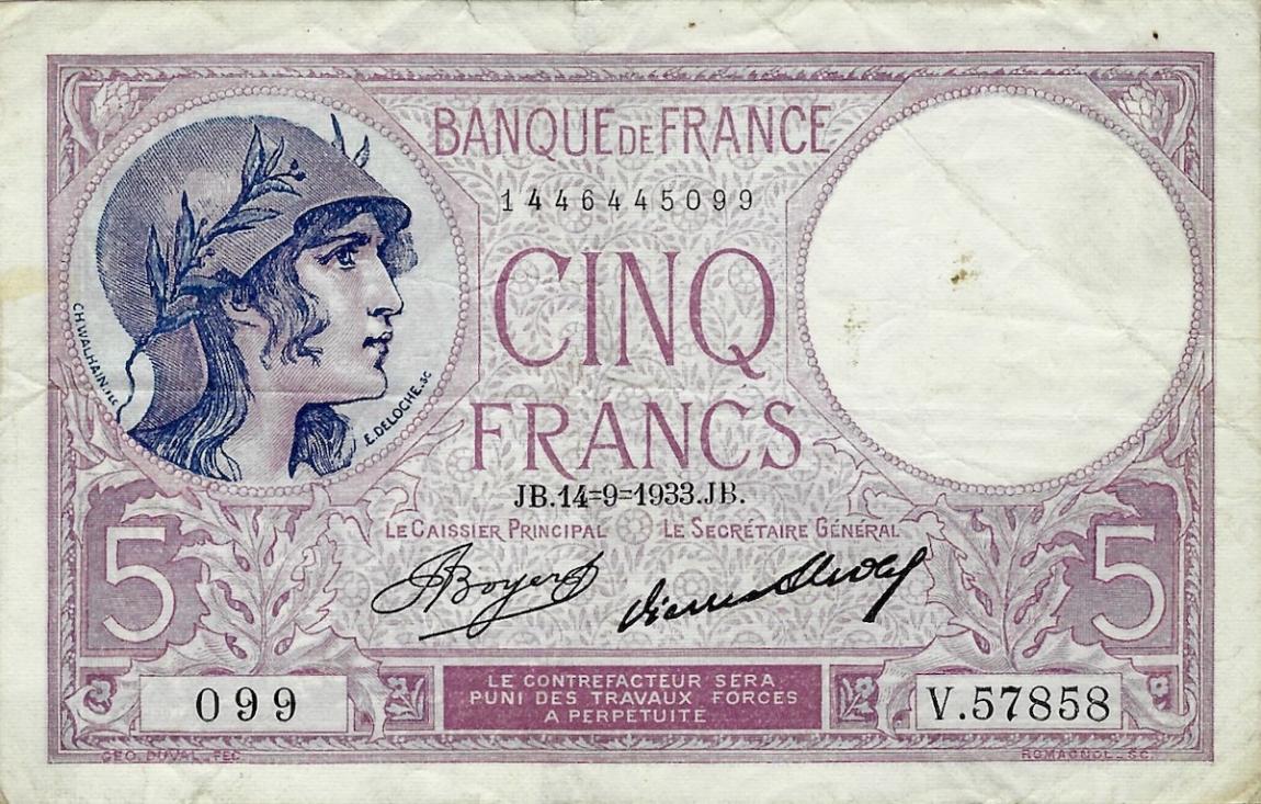 Front of France p83a: 5 Francs from 1939