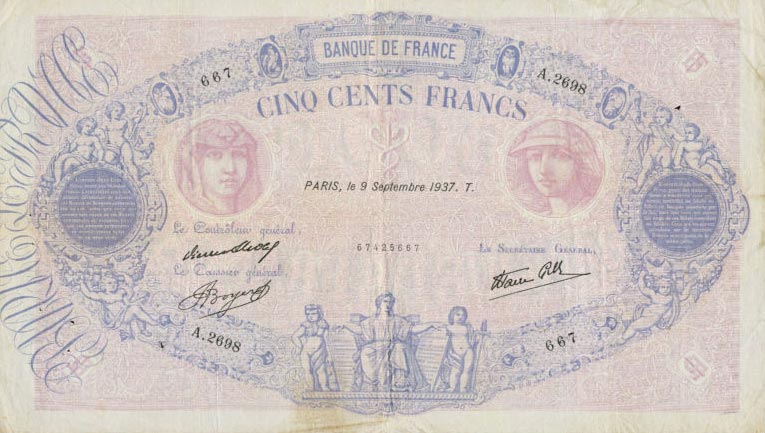 Front of France p88a: 500 Francs from 1937