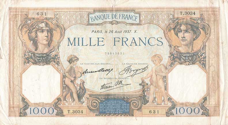 Front of France p90a: 1000 Francs from 1937