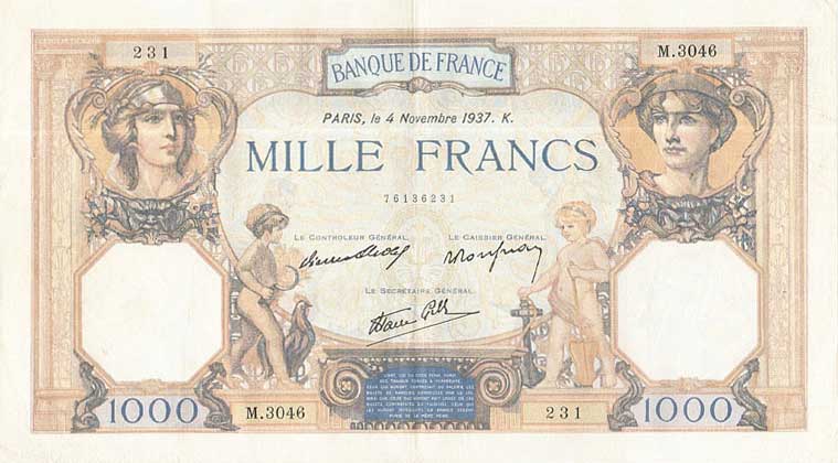 Front of France p90b: 1000 Francs from 1937