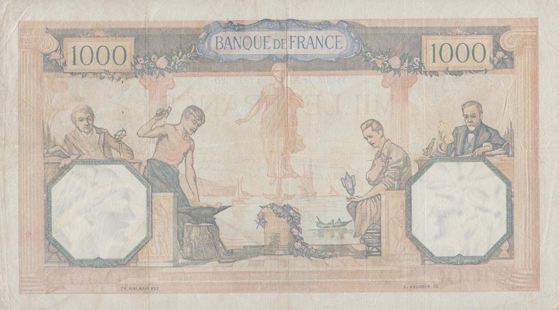 Back of France p90c: 1000 Francs from 1938