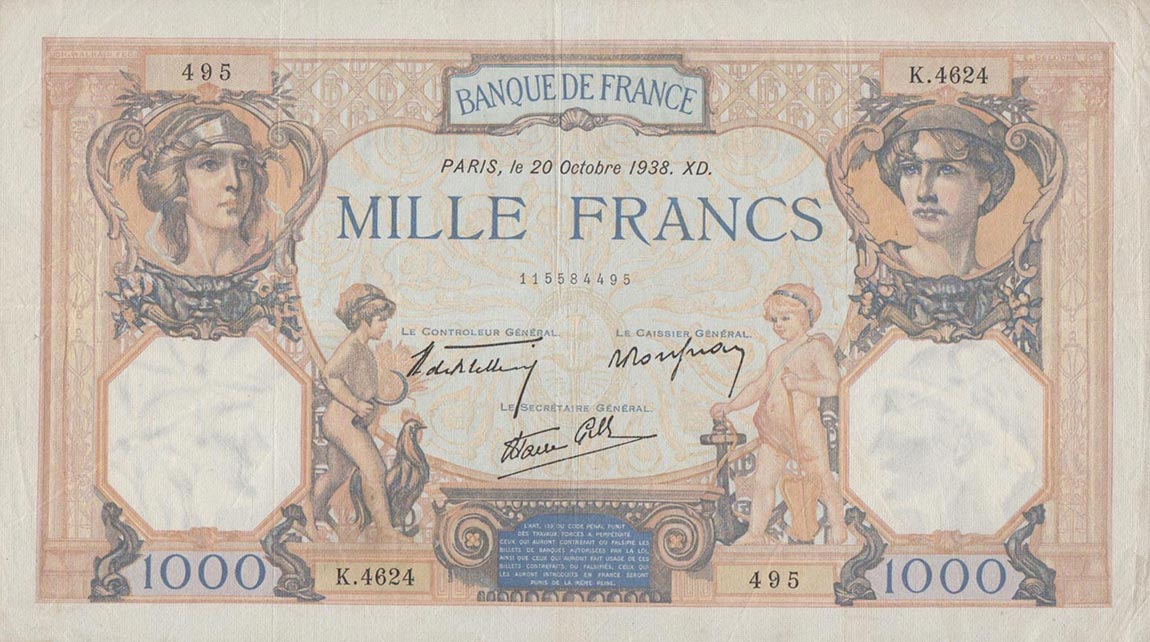 Front of France p90c: 1000 Francs from 1938