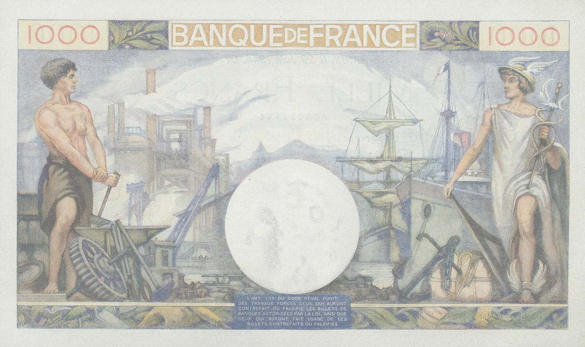 Back of France p96b: 1000 Francs from 1941