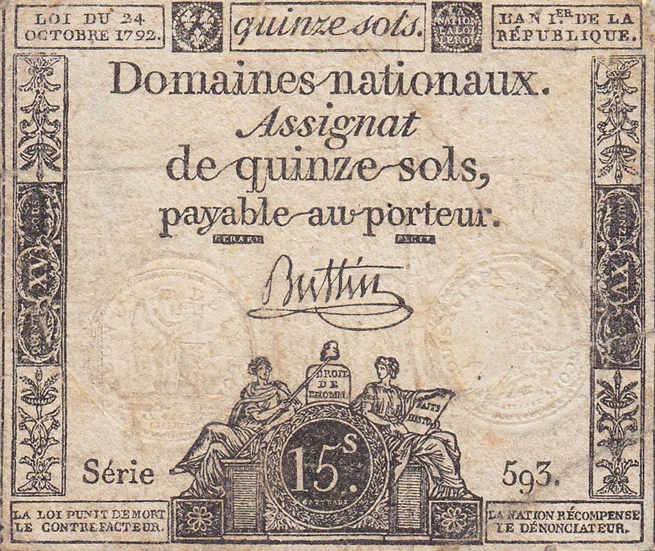 Front of France pA65: 15 Soles from 1792