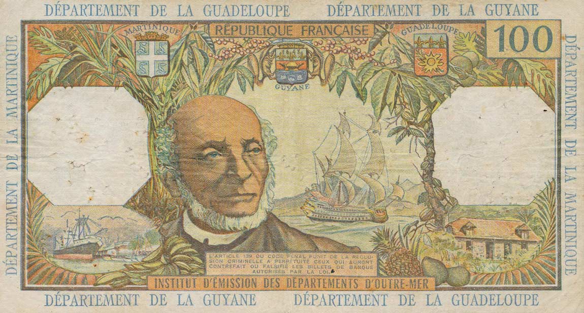 Back of French Antilles p10a: 100 Francs from 1964