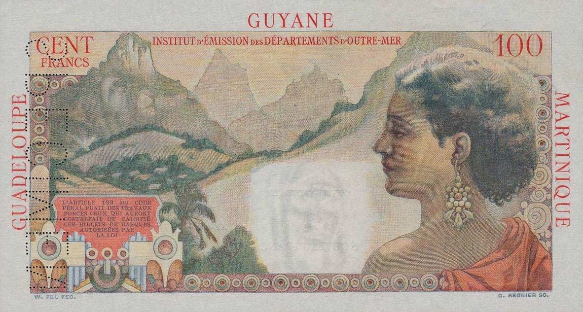 Back of French Antilles p1s: 1 Nouveaux Franc from 1961